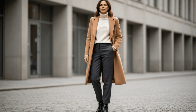 Tailored Wool Coat + Cashmere Turtleneck + Straight-Leg Trousers + Leather Ankle Boots