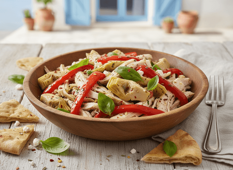 Chicken Salad with Roasted Red Peppers, Artichokes & Basil