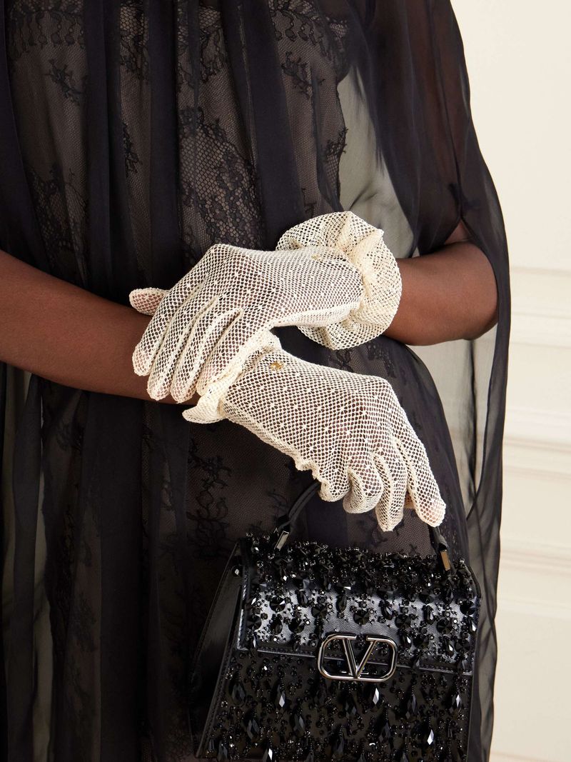 Valentino Embellished Cotton-Blend Fishnet Gloves