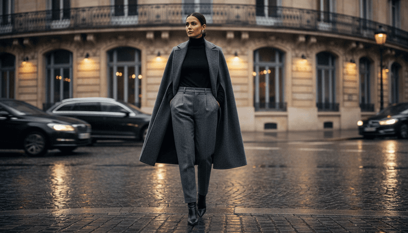 Wool Cape or Wrap Coat + Slim Turtleneck + Tailored Trousers + Heeled Boots