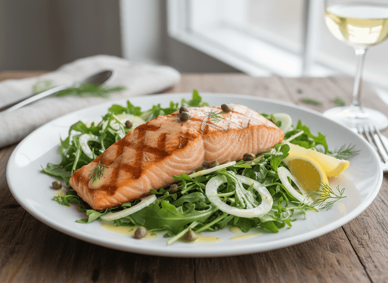 Grilled Lemon-Herb Salmon with Arugula, Shaved Fennel, and Capers