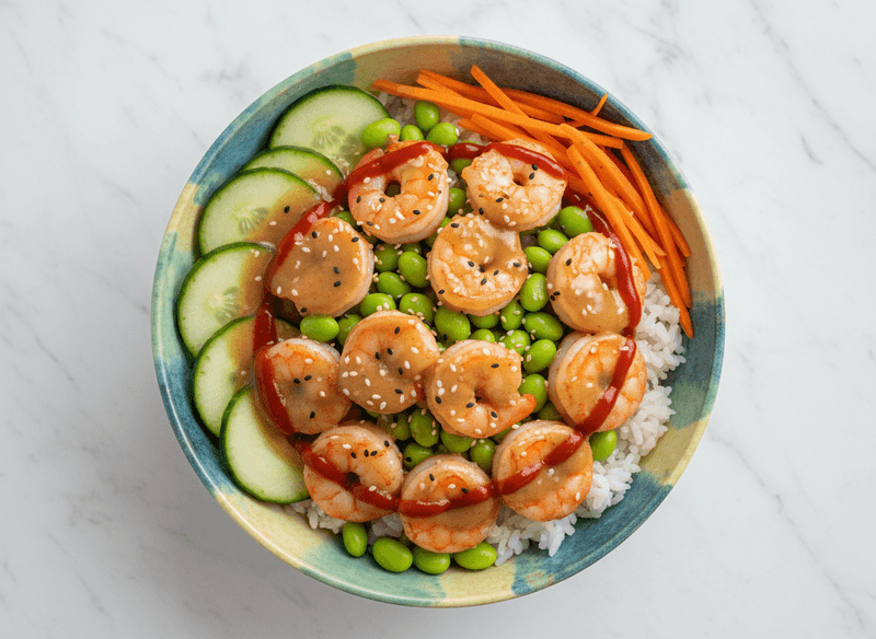 Shrimp and Edamame Rice Bowl with Shredded Carrots and Ginger Dressing