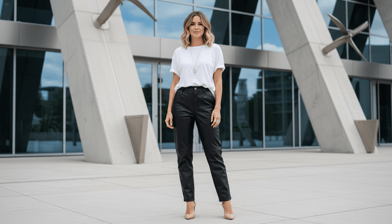 Boxy Tee + Leather Trousers + Kitten Heels
