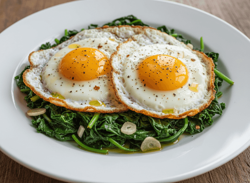 Crispy-Edged Fried Eggs Over Sautéed Greens and Garlic
