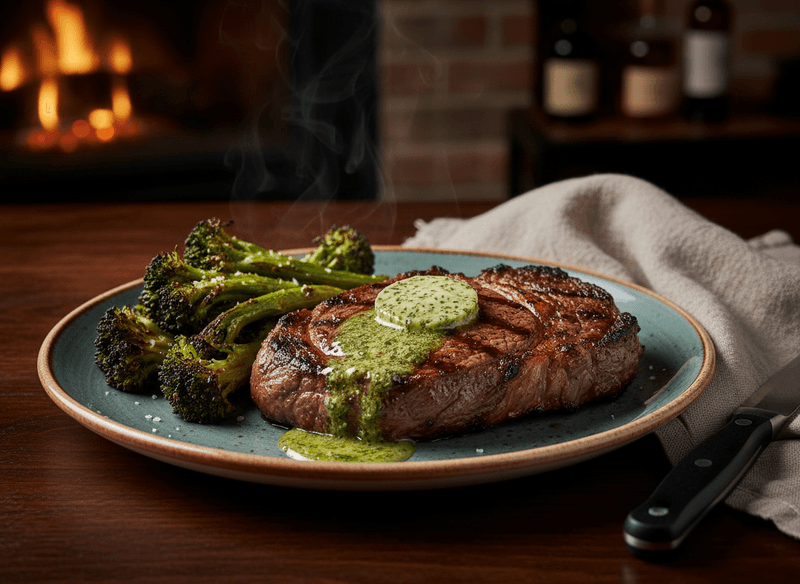 Steak with Herb Butter and Roasted Broccoli