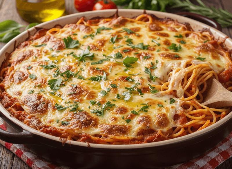 Baked Spaghetti with Mozzarella and Herb Butter