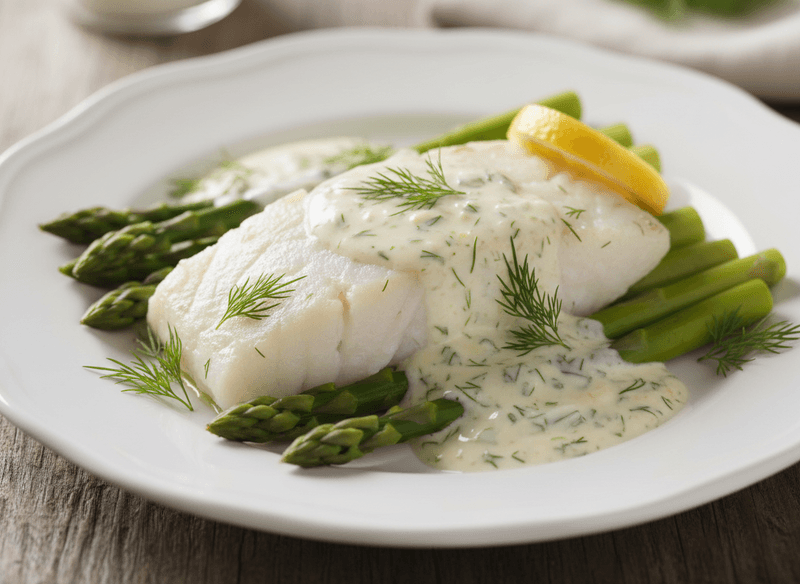 Poached Halibut with Asparagus and a Light Dill Yogurt Sauce
