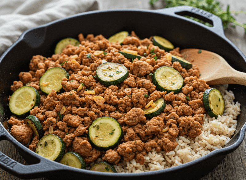 Turkey & Zucchini Skillet with Garlic Brown Rice