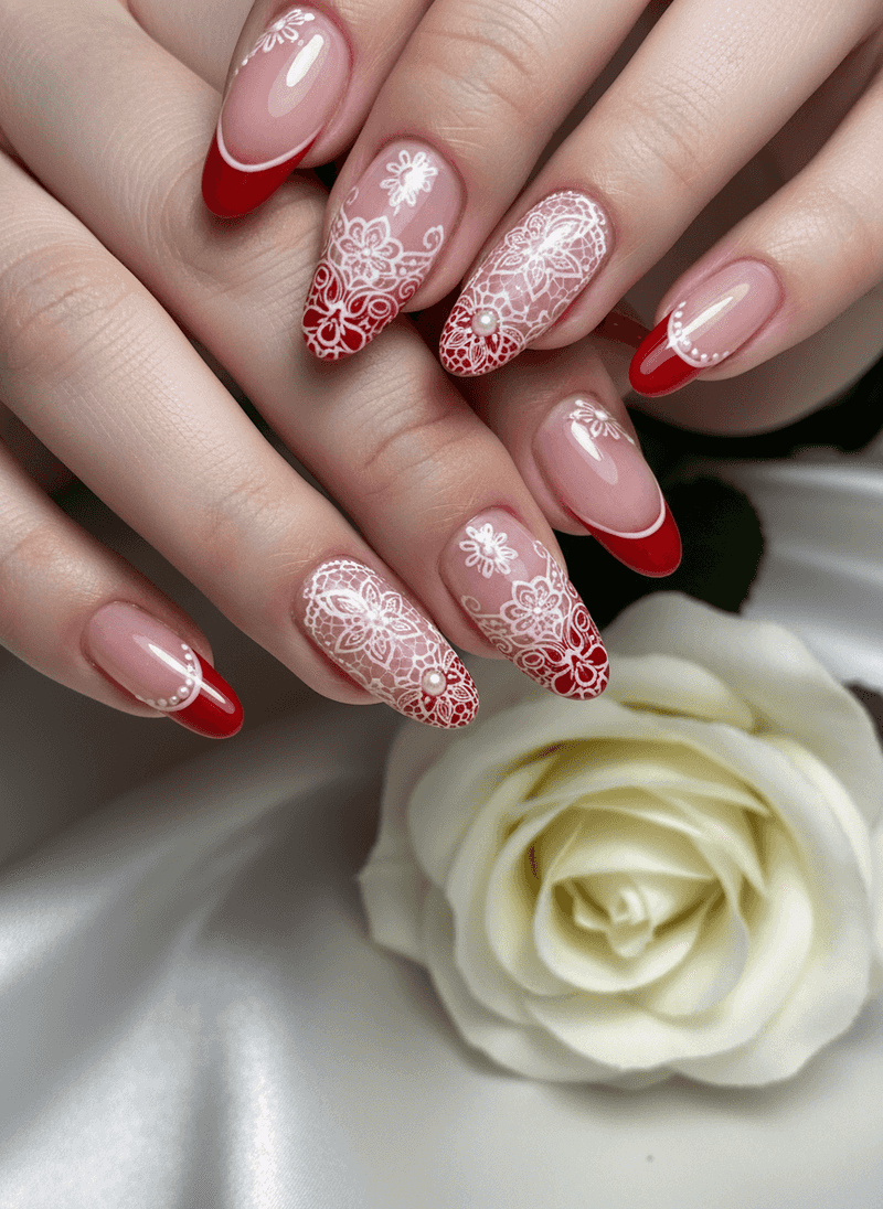 Red French Tips with Subtle Lace Line Art