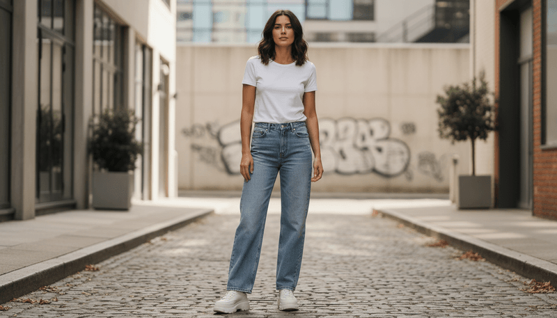 Chunky Sneakers + Wide-Leg Jeans + Fitted Tee