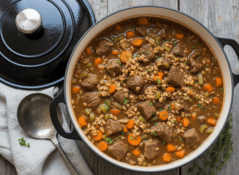 Classic Dutch Oven Beef & Barley Stew Soup
