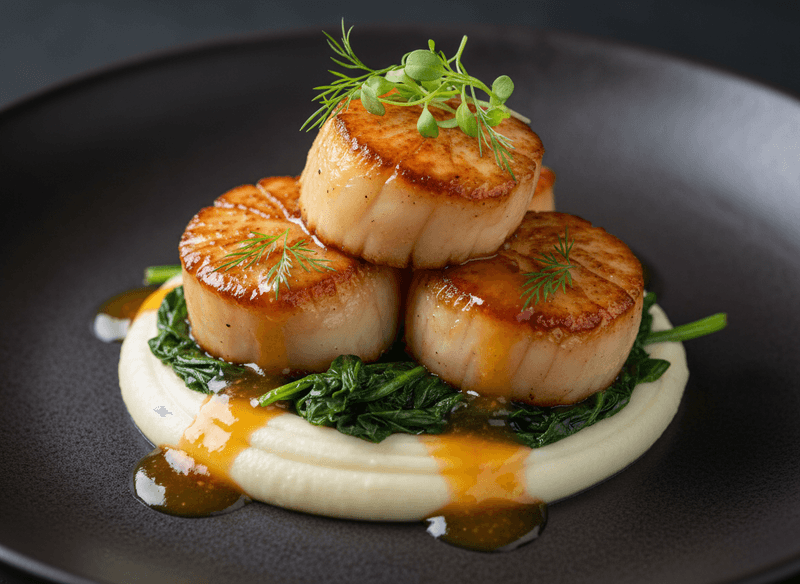 Citrus-Marinated Scallops over Cauliflower Purée and Wilted Spinach