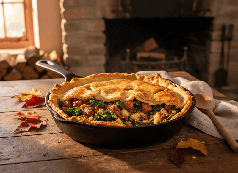 Rustic Sausage, Kale & Potato Soup Skillet Pie