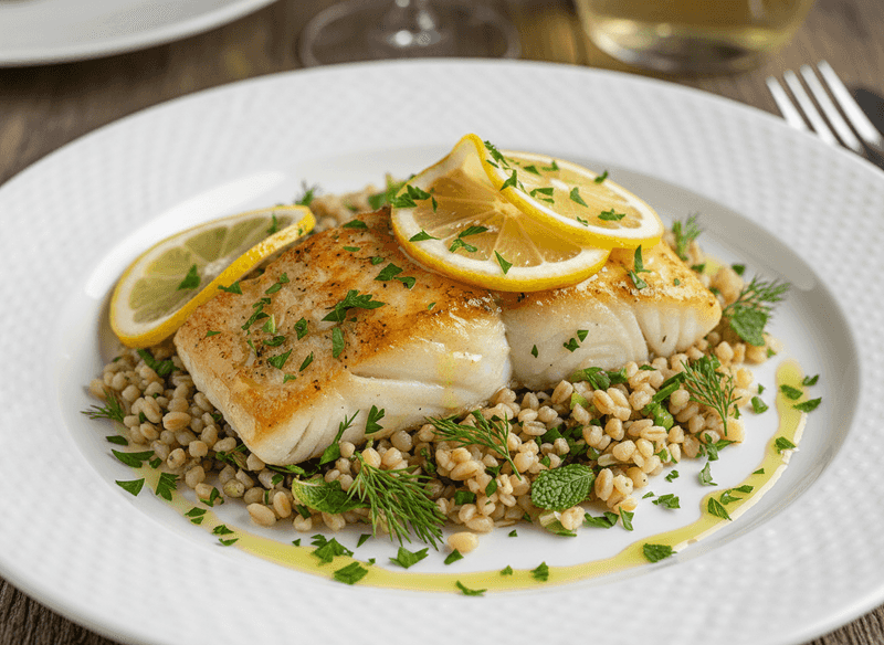 Lemon-Garlic Baked Cod with Herbed Farro
