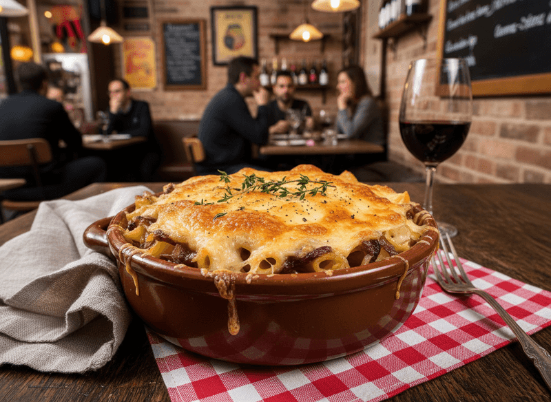 French Onion Pasta Bake with Gruyère Crust