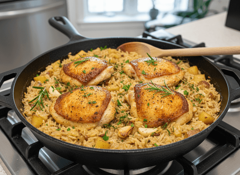 Garlic Herb Chicken & Potato Soup Rice Skillet