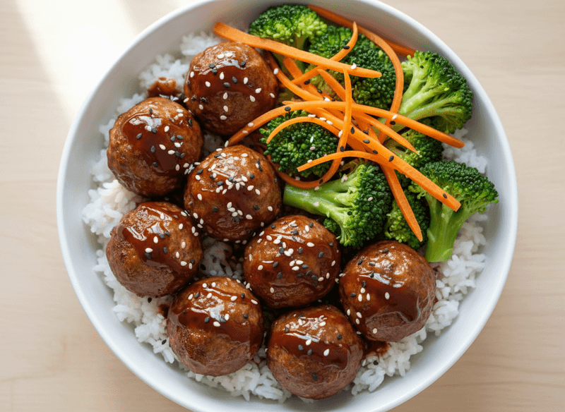 Sweet-and-Savory Teriyaki Meatball Rice Bowls