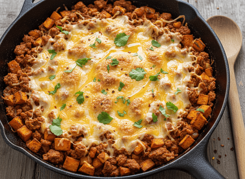 Spicy Ground Turkey & Sweet Potato Taco Skillet