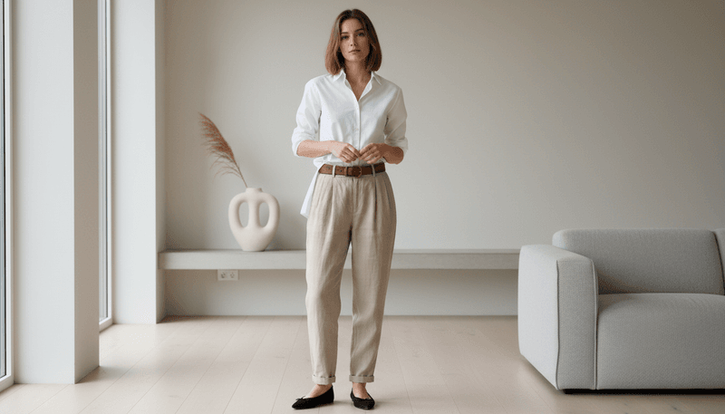 Crisp White Shirt + Relaxed Trousers + Leather Belt + Pointed Flats