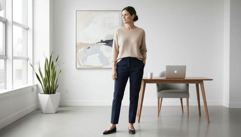 Dark Straight-Leg Trousers + Black Shoes + Neutral Top