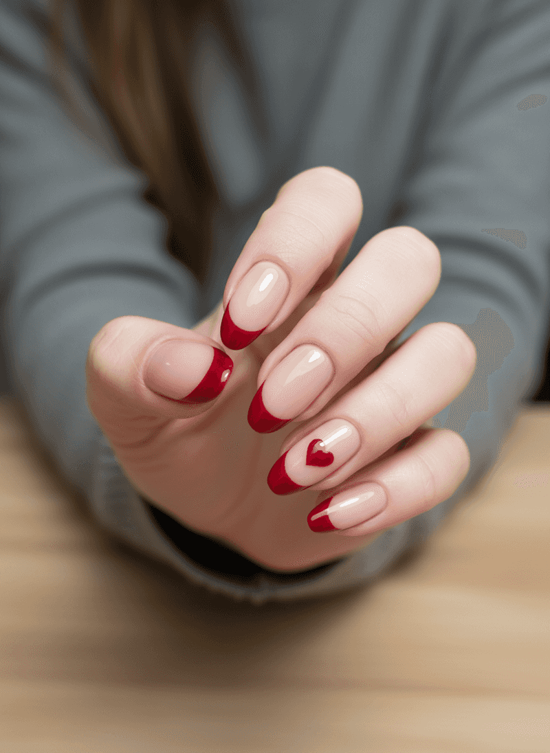 Red French Tips with Tiny Heart Accent