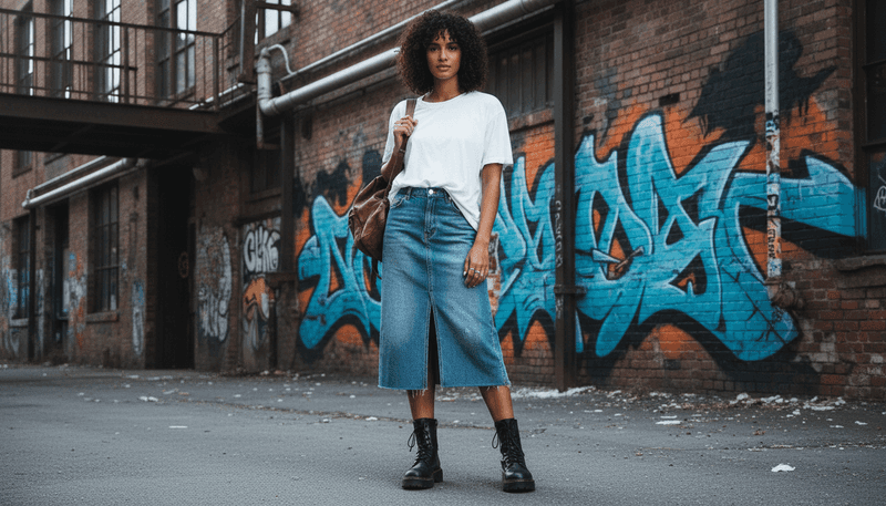 Denim Midi Skirt + Chunky Boots + Simple Tee