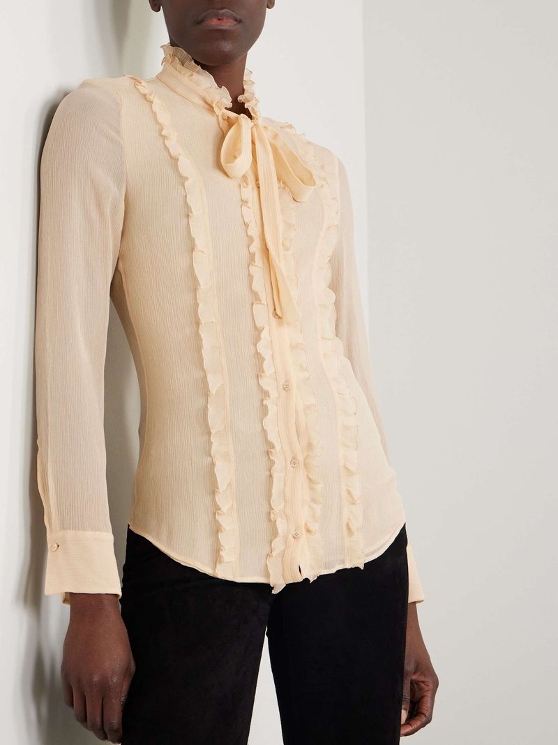 Tie-neck ruffled silk-crepon shirt