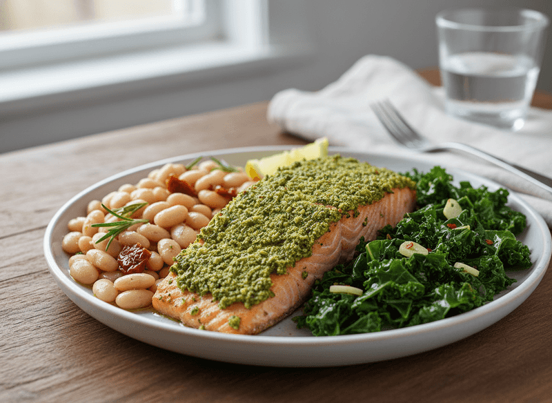 Pesto Salmon with Cannellini Beans and Kale