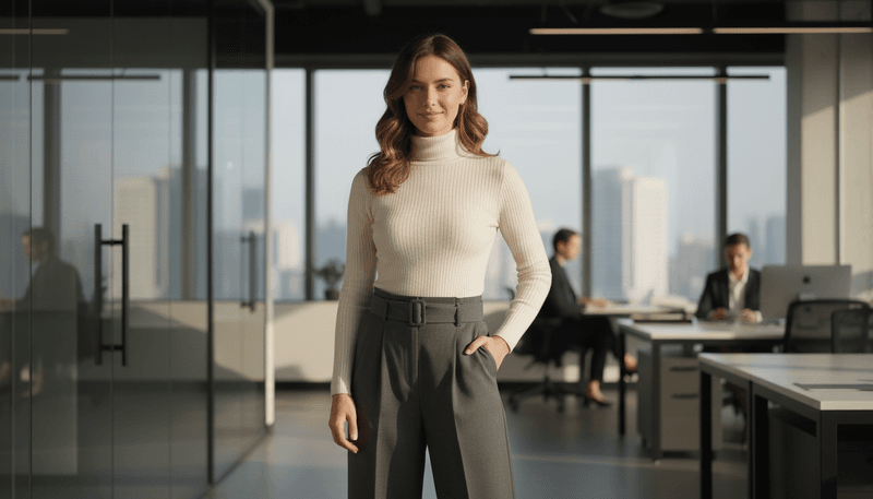 Fitted Knit Top + High-Waisted Slacks + Belted Waist