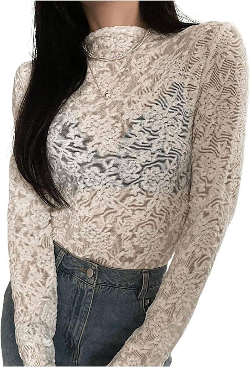 Floerns Lace Mock-Neck Blouse
