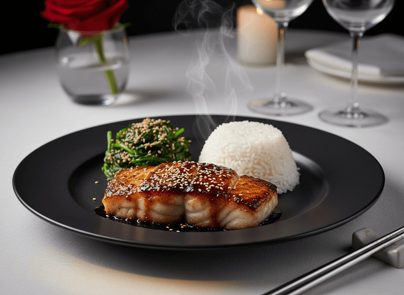 Miso-Glazed Black Cod with Sesame Spinach and Jasmine Rice