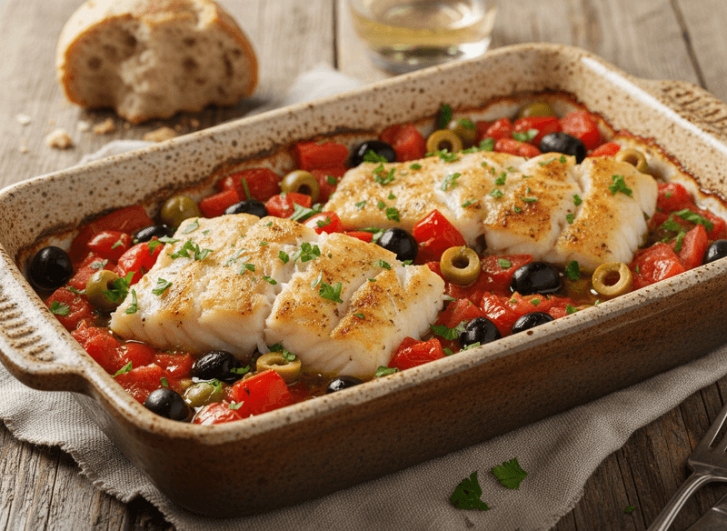 Mediterranean Baked Cod with Olives, Tomatoes, and Fresh Parsley