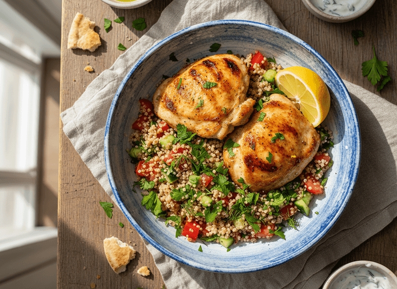 Mediterranean Chicken Thighs over Tomato-Cucumber Quinoa