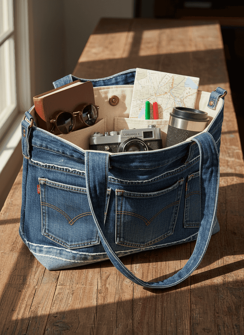 Structured Denim Tote with Interior Pockets