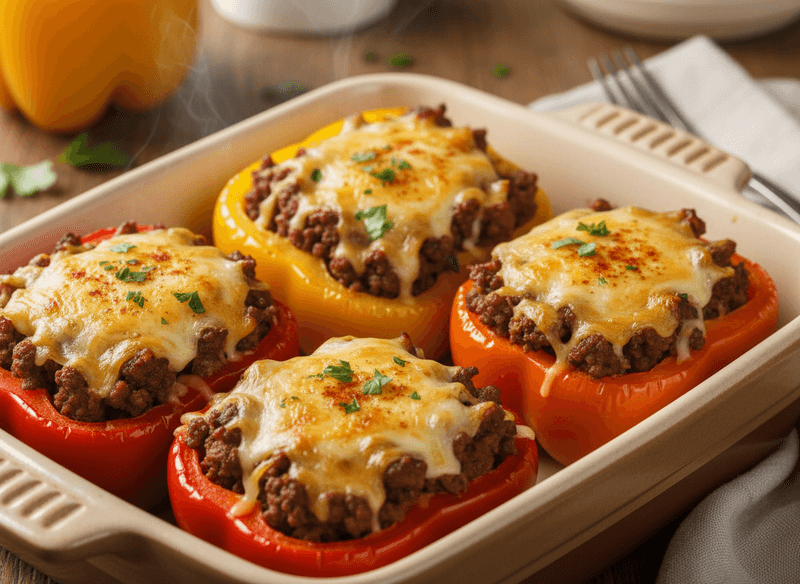 Stuffed Bell Peppers with Ground Beef and Cheese