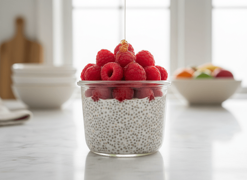 Chia Seed Pudding with Almond Milk and Raspberries