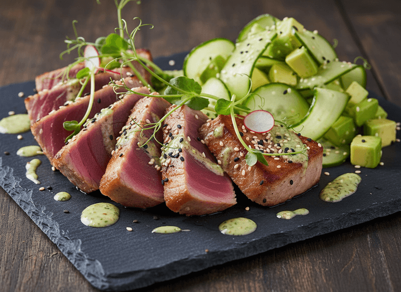 Seared Ahi Tuna Steak with Cucumber-Avocado Salad and Sesame-Lime Drizzle
