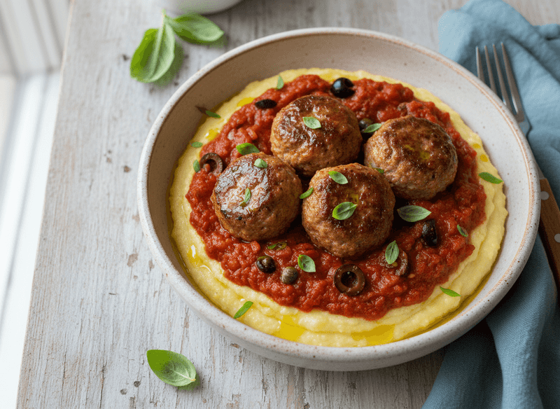 Turkey Meatballs in Tomato-Olive Sauce with Polenta