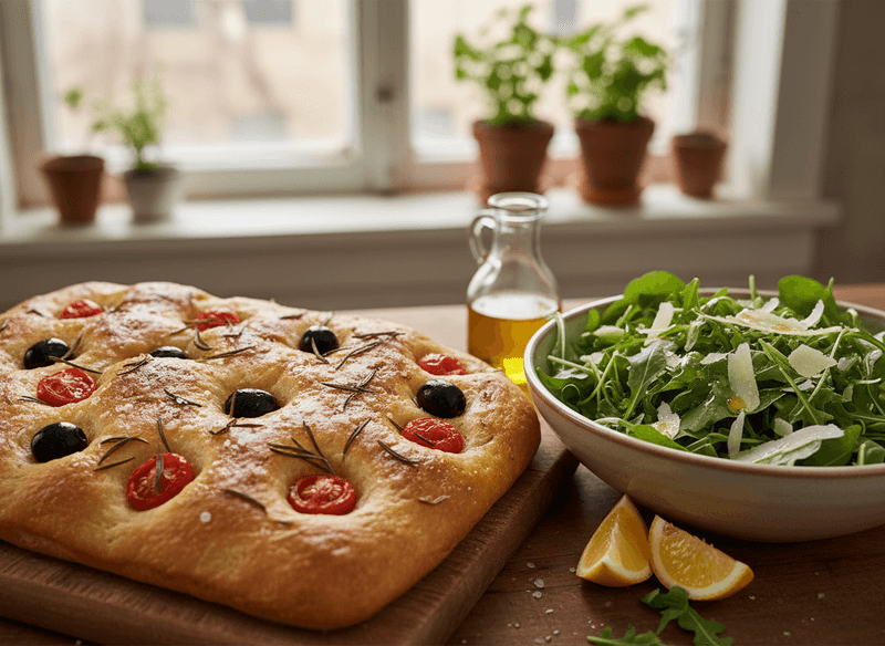 Rustic Tomato & Olive Focaccia with Arugula Salad