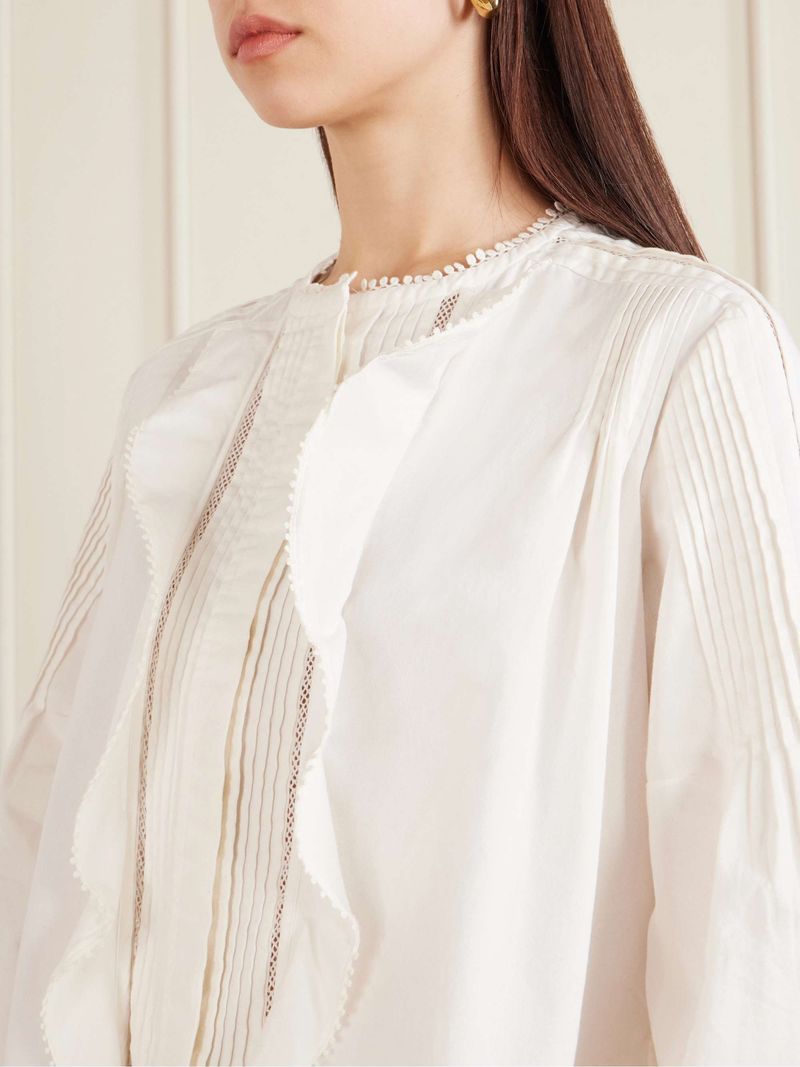 Isabel Marant Lace-Trimmed Ruffled Pintucked Cotton-Poplin Blouse