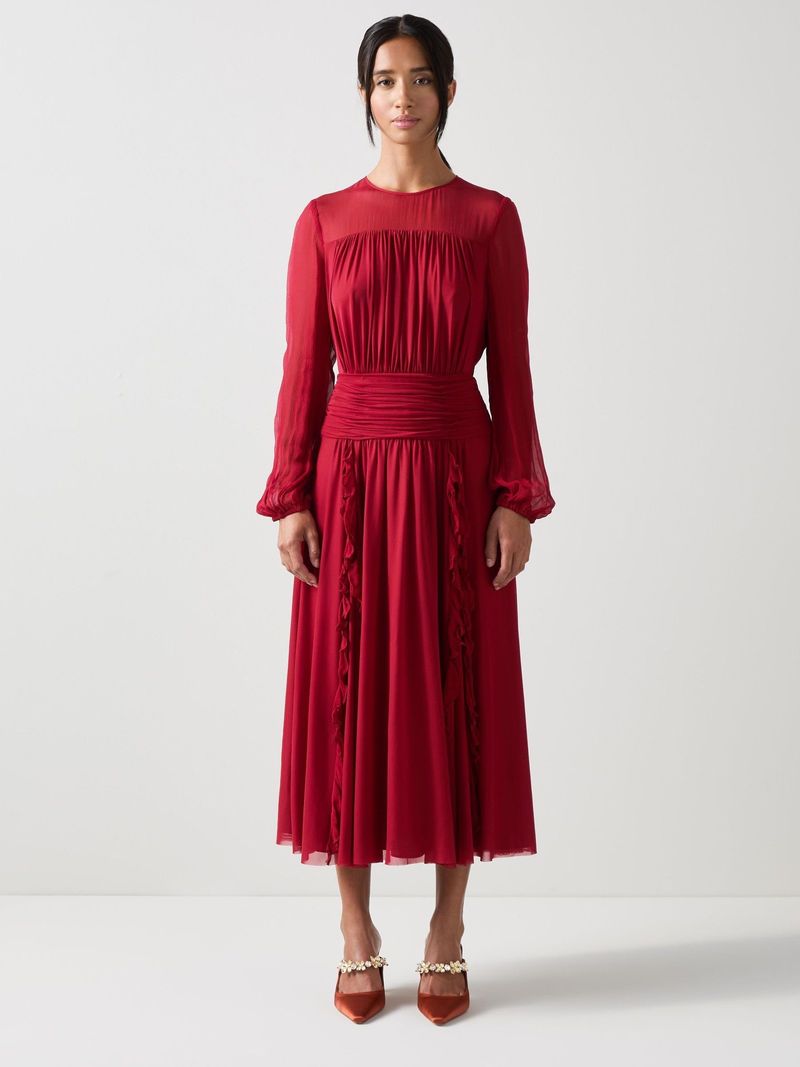 LK Bennett Uma Rio Red Crinkle Mesh Viscose Dress