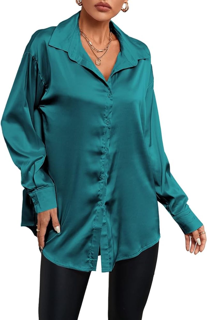 LYANER Silk Satin Button-Down Blouse