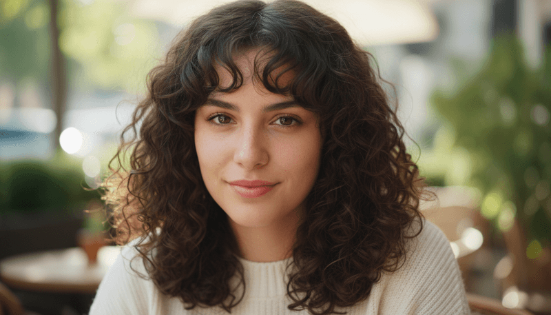 Layered Curly Cut with Curtain Bangs