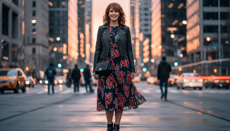 Leather Jacket Over a Feminine Dress
