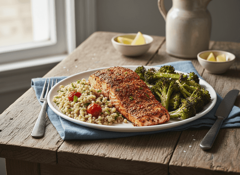 Chili-Rubbed Salmon with Roasted Broccoli and Farro