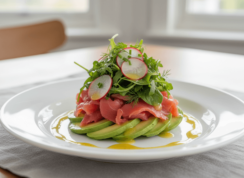 Smoked Trout and Avocado Plate with Radishes and Mixed Greens