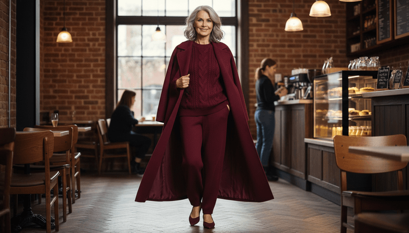 Lightweight Knit + Pull-On Pant + Long Coat in Burgundy