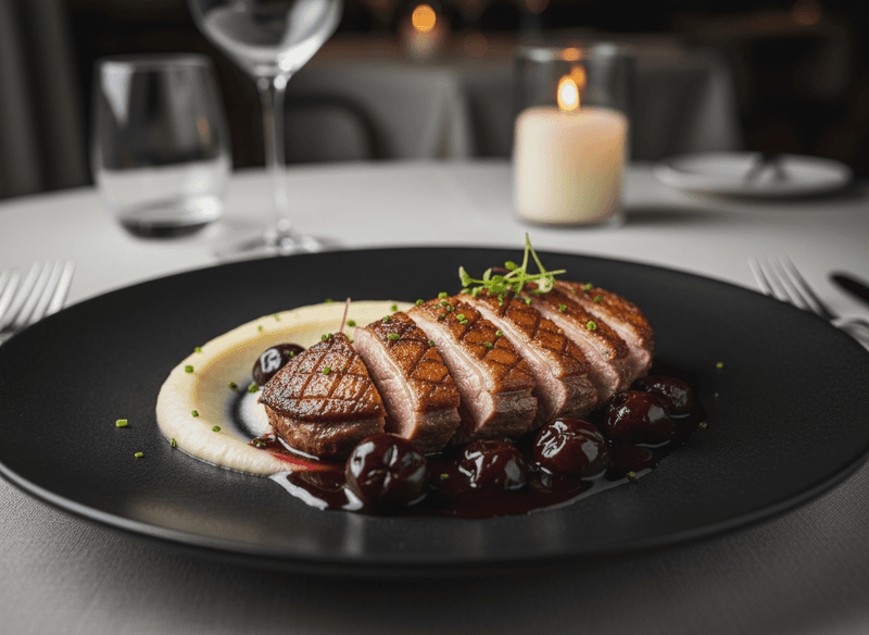 Crispy-Skin Duck Breast with Sour-Cherry Gastrique and Parsnip Purée