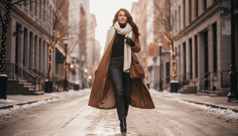 Longline Coat + Fitted Top + Straight Jeans + Heeled Boots