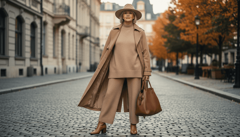 Matching Knit Set + Trench Coat in Camel